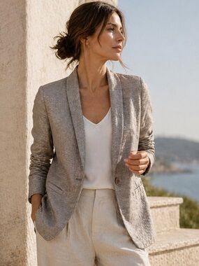 Eileen Fisher Linen Blend Blazer Silver Metallic Sheen Single Button Jacket L